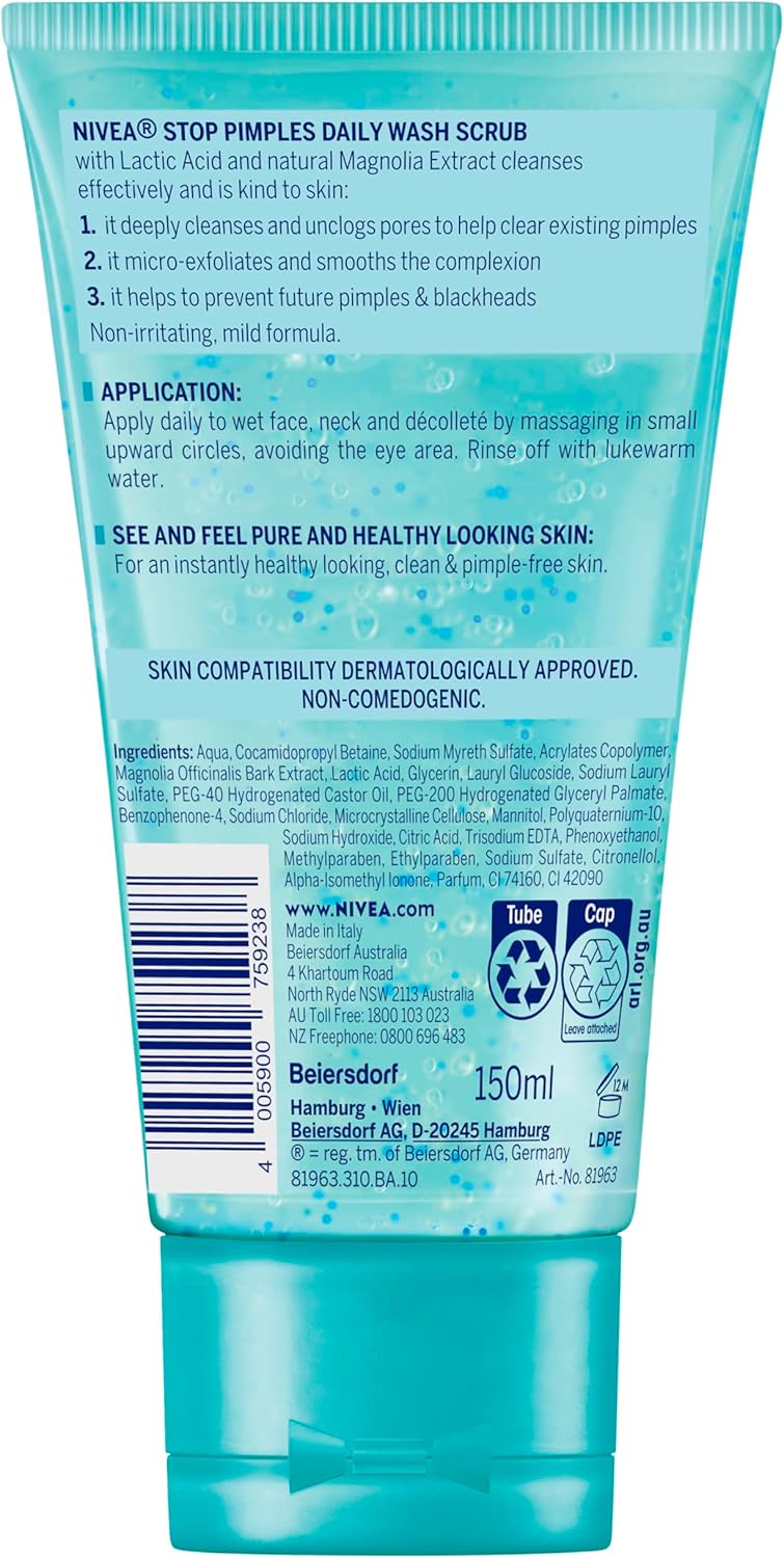 NIVEA Stop Pimples Daily Face Wash & Scrub 150ml | with Magnolia Extract & Lactic Acid | For Acne-Prone Skin & Oily Skin | Clear and Prevent Breakouts